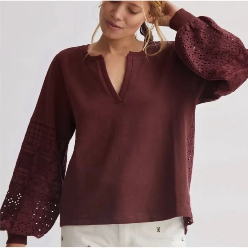 Anthropologie Plum Wine Eyelet Lace Puffy Sleeves Oversized Top Size S